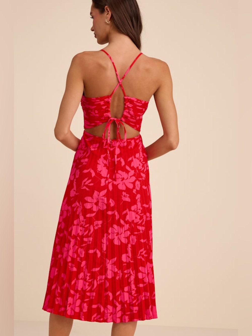 Lulu’s Vibrant Moment Red and Pink Floral Pleated Lace-Up Midi Dress - Picture 2 of 13